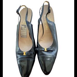 Salvatore Ferragamo Vintage 80s Heels Black Leather Slingback Size 7B